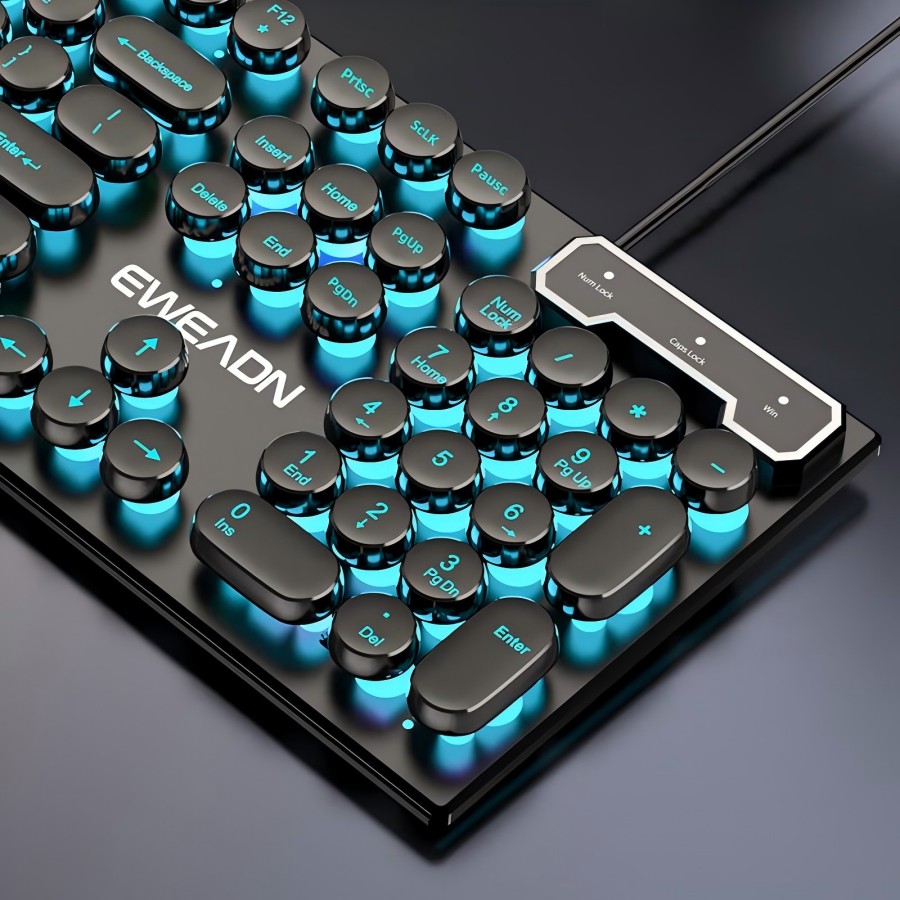 Retro Gaming Keyboard - EWEADN Schreibmaschinen-Gaming-Tastatur, 104-Tasten, runde Retro-Punk-Tastenkappen, blaue