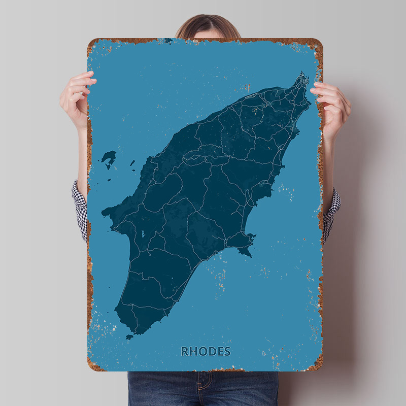 Retro Gaming Island - Rhodos-Insel-Karte Poster, personalisierte Vintage-Metallschilder, Wandkunst, Retro-Blechschild