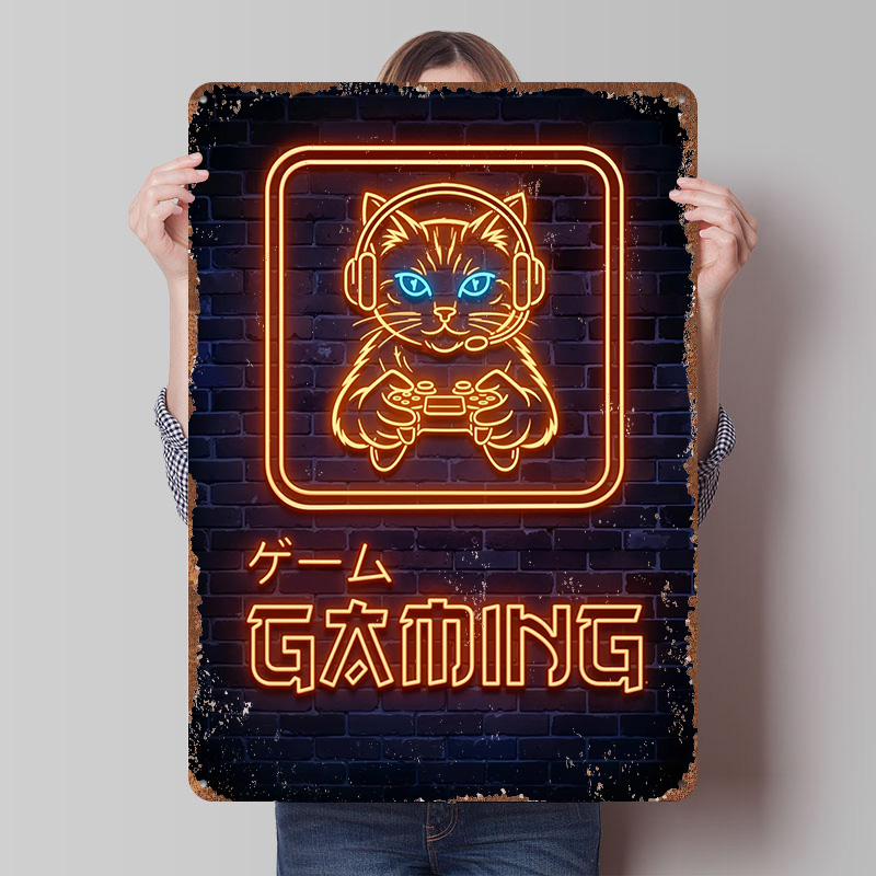 Retro Gaming At Home - Neon-Gaming-Katzen-Poster, personalisierte Wandkunst, Retro-Vintage-Metallschilder zur Dekoration