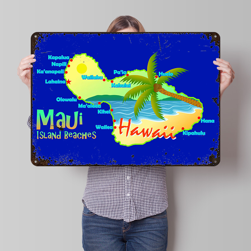 Retro Gaming Island - Maui Hawaii Insel-Strände Karte Blechposter Individuelle
